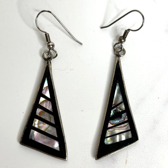 Vintage 80s Alpaca Mexico Abalone Seashell Enamel Geometric Dangle Earrings - Picture 1 of 4